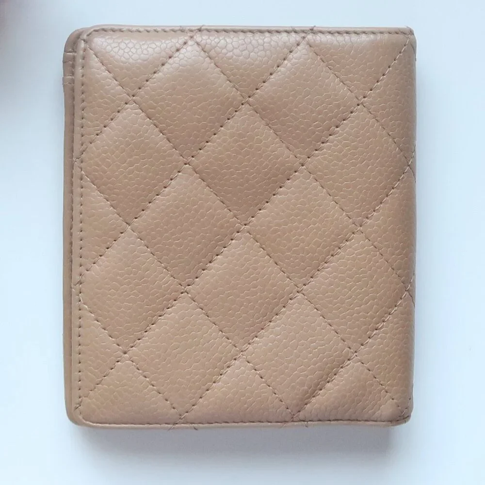 Chanel Classic Quilted Caviar Leather Bifold Wallet Beige with Silver CC Logo